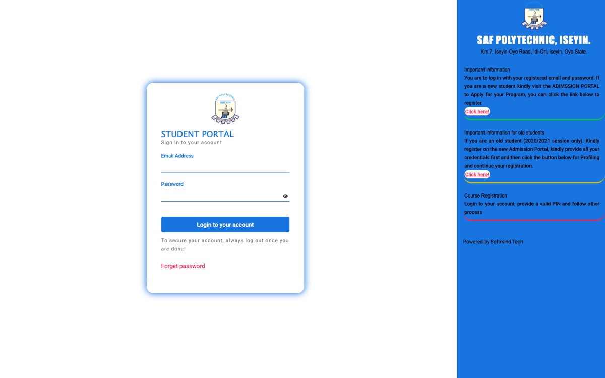 The SAF Polytechnic student portal sign-in page